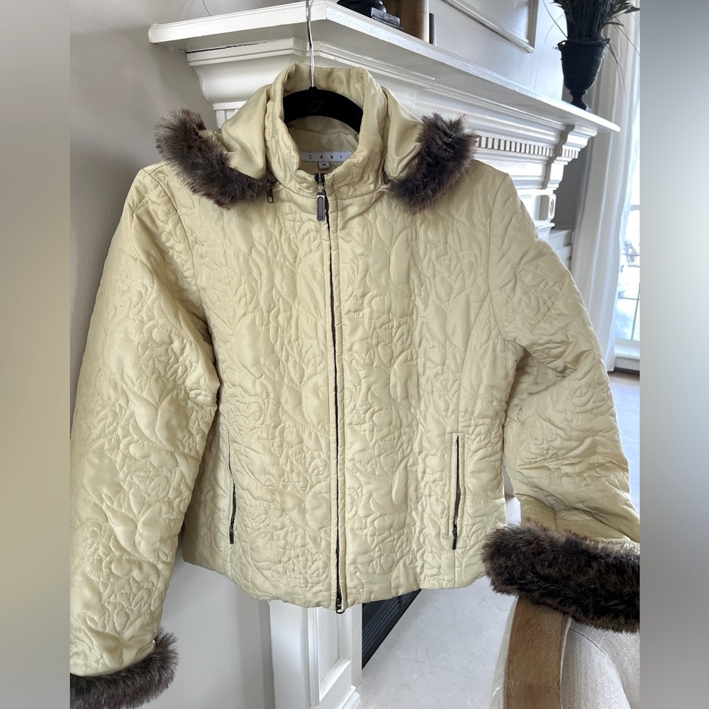 Gorgeous cabi coat with faux fur hood and cuff detail.  Medium relaxed fit.